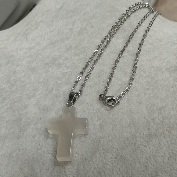 White Agate Cross 23.5" Necklace Natural Gemstone Crystal Pendant StainlessSteel - Picture 8 of 12